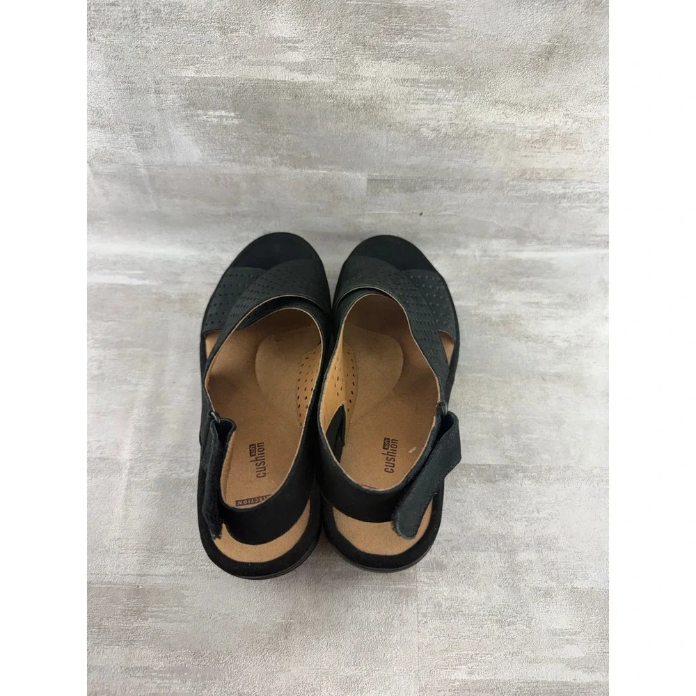 Clarks Collection Black Perforated Wedge Sandals Women Sz 8M Cushion Soft Shoes